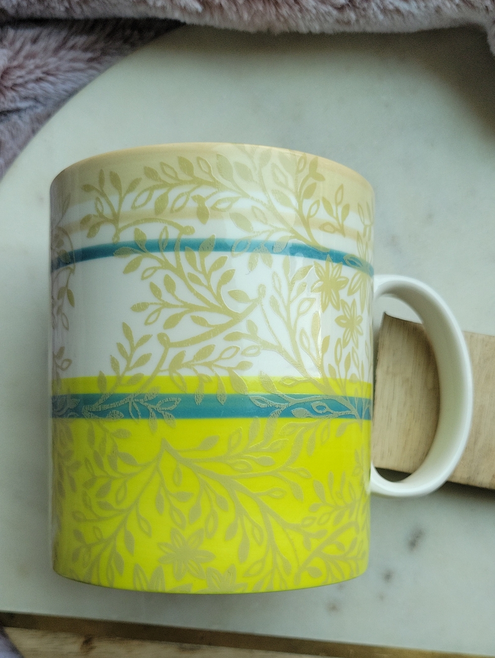 Starbucks Lime Green, Blue and Cream Floral Stripe Ceramic Mug